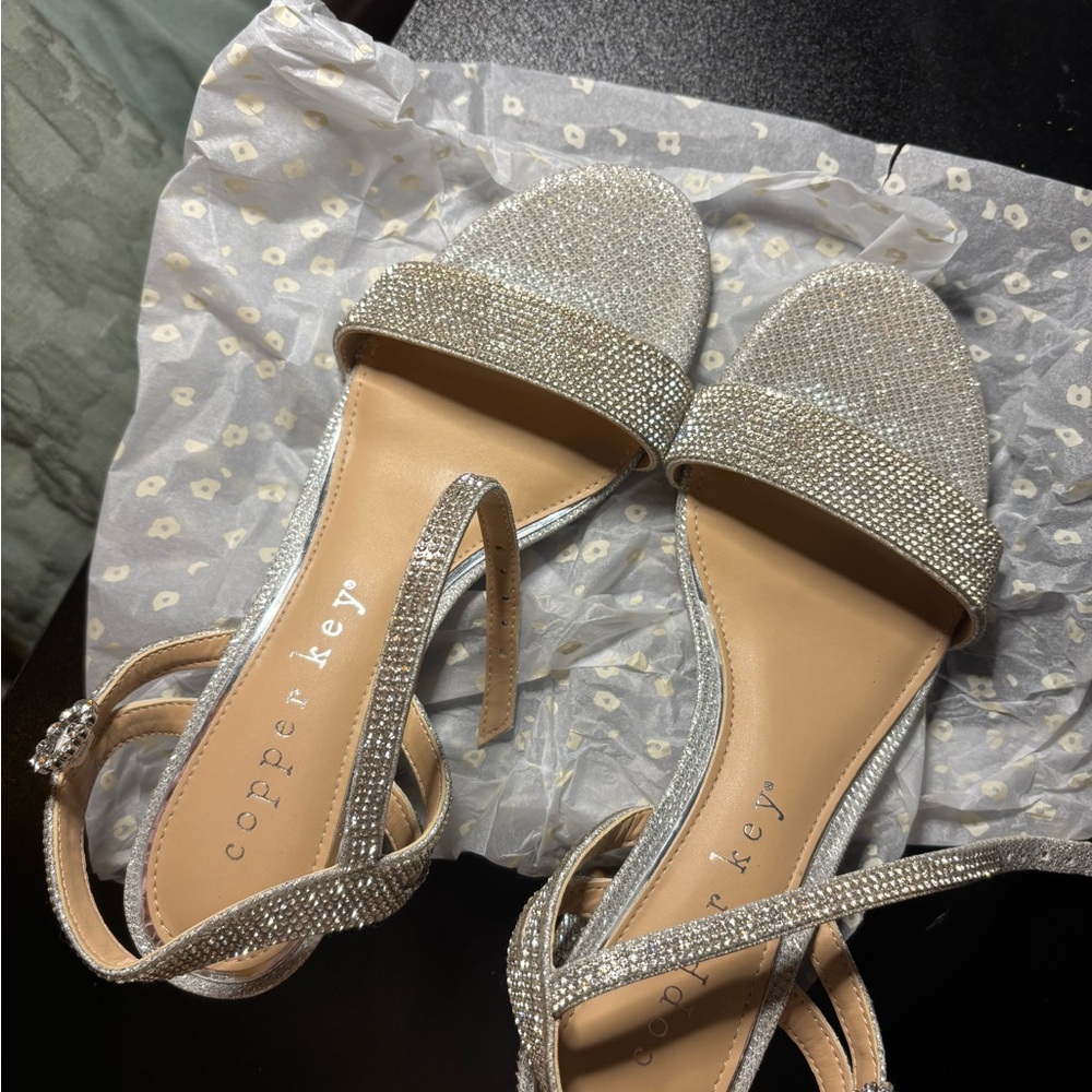 Copper Key Glittering Silver Heels